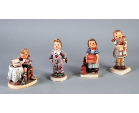 FOUR GOEBEL TMK-4 POTTERY FIGURES, COMPRISING; 'Little Book-keeper', (306), 4 3/4" (12.1cm) high, 'Carnival' (328) 6" (15.2cm