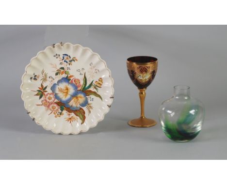 RUBY GLASS, GILT AND ENAMEL GOBLET, with enamel floral decoration, AN ART GLASS VASE, 5" (12.7cm) high AND A VICTORIAN FLORAL
