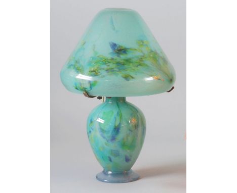MONART, SCOTTISH STUDIO GLASS TABLE LAMP, of footed baluster form with conical shade, speckled in yellow, green and blue on a