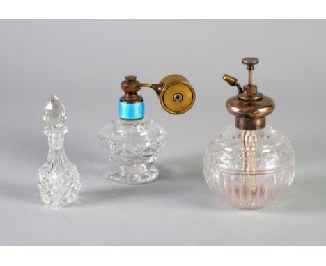 CUT GLASS SCENT BOTTLE WITH SILVER COLLAR AND METAL PUMP, A PUMP SCENT BOTTLE WITH BLUE GUILLOCHE ENAMEL COLLAR AND A SMALL C