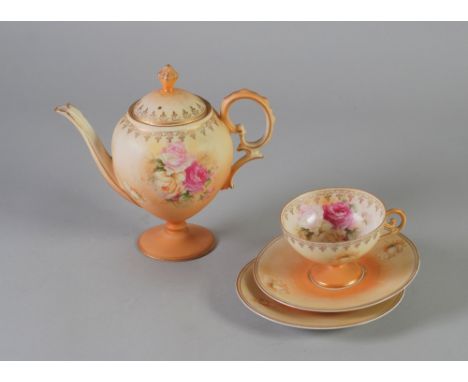 PROBABLY AUSTRIAN FOUR PIECE BLUSH CHINA PART TEA SET, of pedestal form, floral printed, comprising; TEAPOT (cover a.f.), TEA