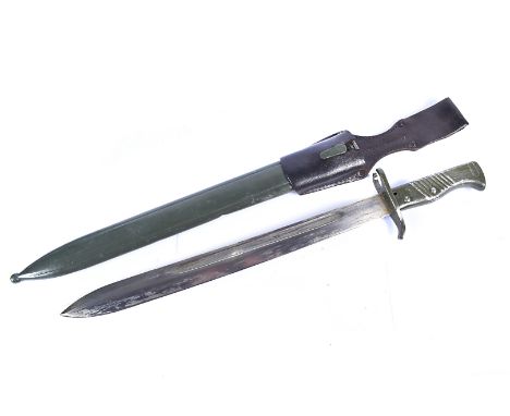 A German all steel EB43 Ersatz bayonet, with parallel blade, complete with scabbard and leather frog