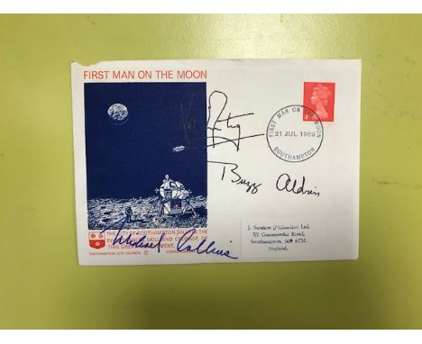 A 1960s First Man On The Moon First Day Cover, dated 21 July 1969, bearing three ink signatures, possibly signed by Neil Arms