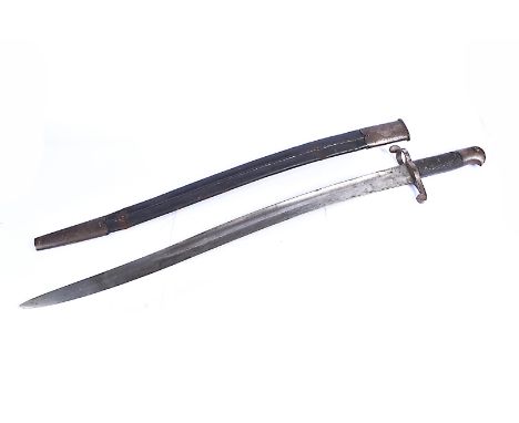 A British 1856 Pattern Yataghan bayonet, marked H to the single edged and fullered blade, cross hatched grip with release but