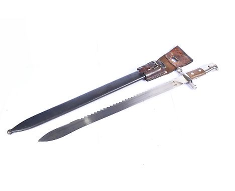 A Swiss 1914 sawback bayonet, by Elsener Schwyz, number 756879, complete with steel scabbard and brown leather frog, frog sta