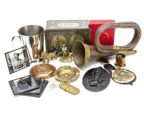 An assortment of various items, to include glass slides of V.C Heroes, a 1913 dated L.F Salford bugle, Remembrance pin badges