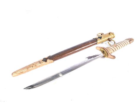An Imperial Japanese Naval Officer's Dagger, with 21cm long single edged blade, S shaped cross guard, push button release, co