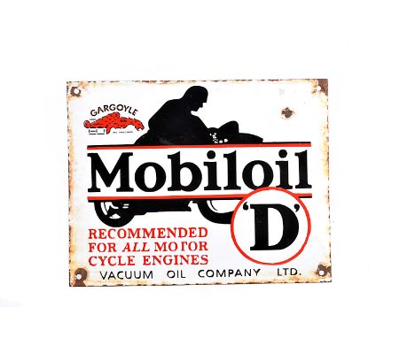 A 1930s Mobiloil 'D' Motorcycle oil enamel sign, Vacuum Oil Company Ltd, Gargoyle Reg. Trade Mark, single sided, 12.5" x 10"