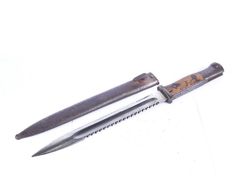 A German M1884/98 sawback bayonet, by Erfurt, dated 1915, blade approx 25cm, complete with steel scabbard