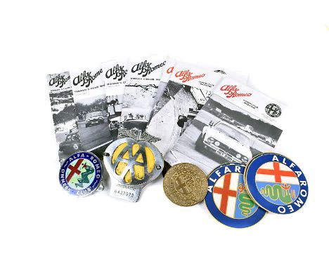 A chromed and enamel Alfa Romeo Owners club car mascot, together with an AA car badge (6A27072), a brass Alfa Romeo belt buck