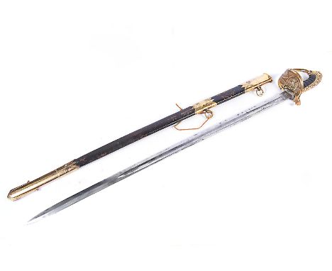 An 1827 pattern Naval Officer's sword, with etched blade with anchor motifs, lion head pommel, complete with leather and bras