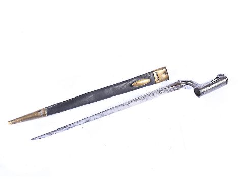 An 1842 British Constabulary Carbine socket bayonet, by S.Hill, complete with locking lever and brass and leather scabbard