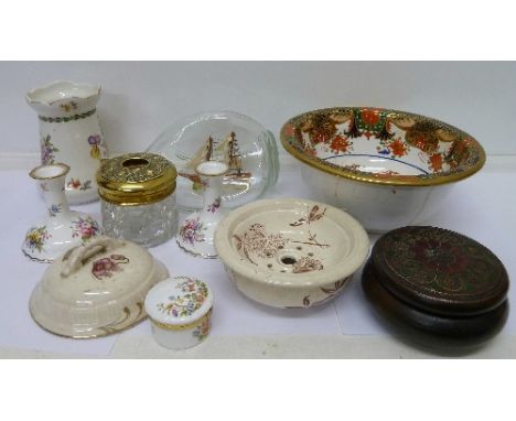 A Haig ship in a bottle, a Derby bowl, a/f, a hair tidy, a pair of Hammersley candlesticks, etc.