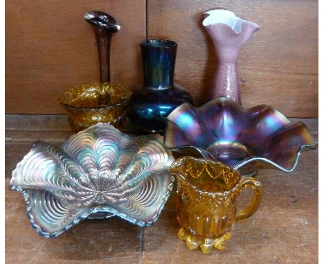 A blue Carnival glass dish, an amethyst Carnival glass dish, a Ditchfield style glass vase, c.1900-1910 and four other items 