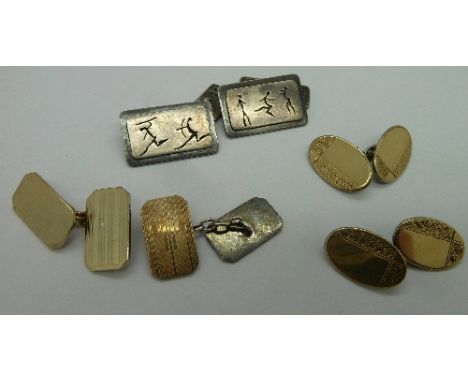 Three pairs of cufflinks; one gold on silver, one yellow and white metal and one silver marked Haglund, South Africa