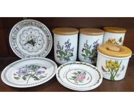 Two Royal Worcester storage jars, two Portmeirion Botanic storage jars, three plates, and a wall clock