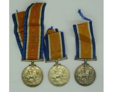 Three World War I British War medals to 37524 Pte. F. Trood Essex R., RFRA-13869 A-Bmbr. J. East R.A. and 7-2214 Pte. J. King