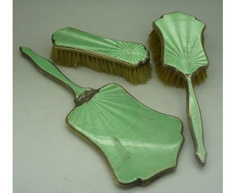 A silver and guilloche enamel vanity set, enamel a/f on all pieces