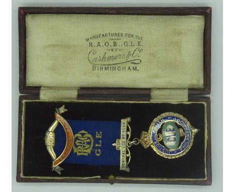 A silver and enamel R.A.O.B. medal, presented to Bro. George Parker 1927, boxed