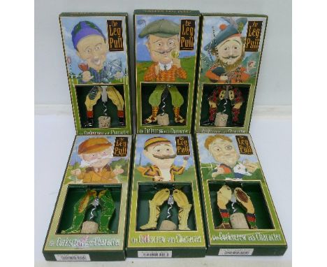 Six corkscrews, The Leg Pull, the Corkscrew with Character, boxed