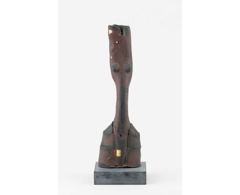 † MO JUPP (1938-2018); 'Standing Female' a red clay figure with iron slip and gold lustre on a slate base, height 22.5cm.Prov