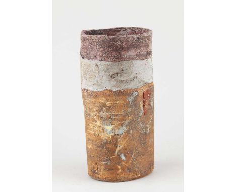 † ROBIN WELCH (1936-2019); an oval stoneware vessel covered in bands of polychrome glaze and enamel decoration, impressed RW 