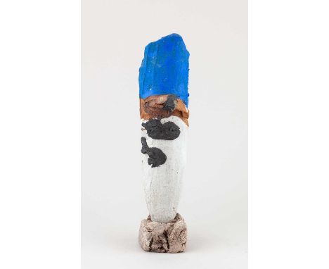 † ROBIN WELCH (1936-2019); a stoneware sculptural blade form on a clay base covered in white glaze with blue top and applied 