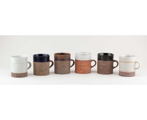 † ROBIN WELCH (1936-2019); a group of six stoneware commemorative mugs, impressed marks, height 9cm (6).Provenance: Estate of