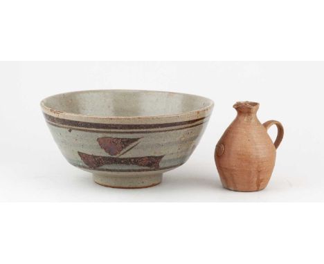 Leach Pottery; a stoneware Z bowl covered in speckled grey glaze with a band of pale cobalt and iron decoration, diameter 22c