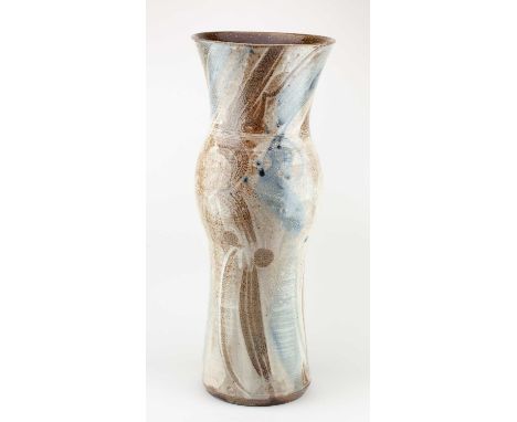 † MICHAEL CASSON (1925-2003); a very tall salt glazed floor vase with incised decoration, impressed MC mark, height 64cm.Cond