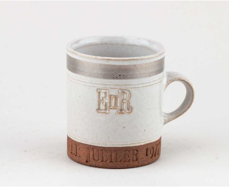 † ROBIN WELCH (1936-2019); a stoneware Silver Jubilee commemorative mug, impressed mark, height 9cm, and a Design Council cer