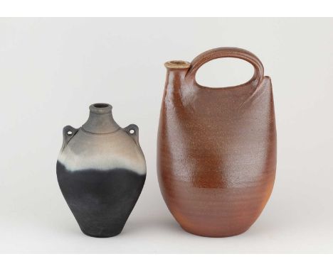 † JOHN LEACH (1939-2021) for Muchelney Pottery; a stoneware 'black mood' bottle with lug handles, impressed JHL and pottery m