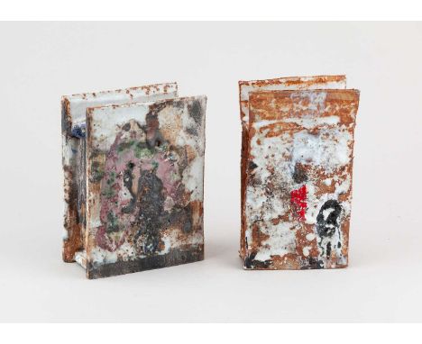 † ROBIN WELCH (1936-2019); a small rectangular stoneware slab form with winged top covered in polychrome glaze, height 14.5cm