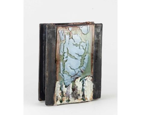 † EDDIE CURTIS (born 1953); a stoneware girder form, from the 'Blast' series, with textured surface partially covered in blue