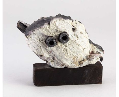 † EDDIE CURTIS (born 1953); a kurinuki sculptural stoneware vessel on a wooden base with heavily textured surface covered in 
