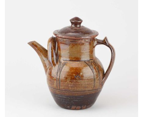 † SVEND BAYER (born 1946) for Wenford Bridge Pottery; a stoneware coffee pot covered in Meldon stone glaze with incised decor