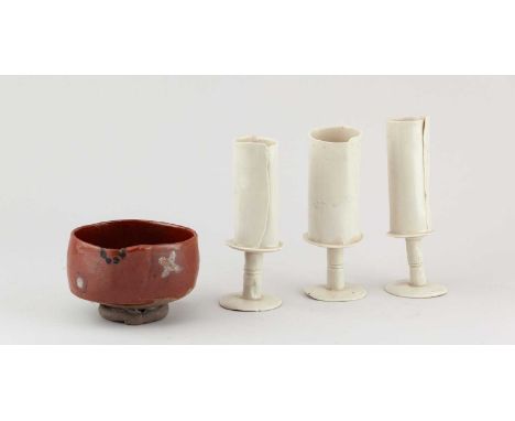 † MO JUPP (1938-2018); a trio of small cylindrical porcelain goblets, painted MOJ and A (for Archway Ceramics) marks, tallest