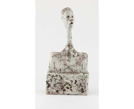 † IAN GREGORY (1942-2021); a grogged stoneware bust on a rectangular plinth, impressed IG mark, height 28cm.Provenance: Estat