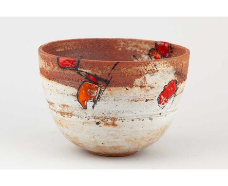 † ROBIN WELCH (1936-2019); a stoneware bowl partially covered in white glaze with orange and red enamel decoration, impressed