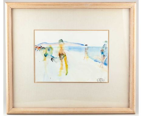 † EWEN HENDERSON (1934-2000); a watercolour study of figures on a beach, signed and dated 1983, 18 x 26cm, framed and glazed.