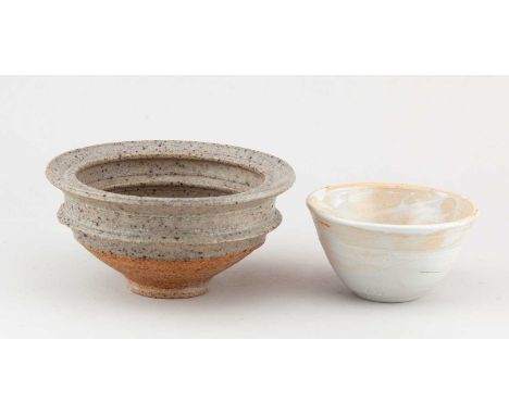 † ROBIN WELCH (1936-2019); a small stoneware bowl with internal flanges partially covered in speckled grey glaze, diameter 15