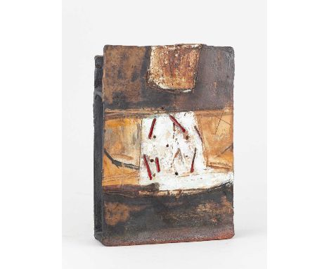 † ROBIN WELCH (1936-2019); a rectangular stoneware slab form with winged top partially covered in bronze and blue glaze with 