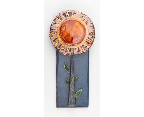 † ANNE PLANT (1934-2019); 'Sunflower', a stoneware wall hanging covered in uranium glaze, pottery sticker, height 24.5cm.Cond