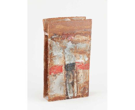 † ROBIN WELCH (1936-2019); a rectangular stoneware slab form with winged top partially covered in grey glaze with red and bla