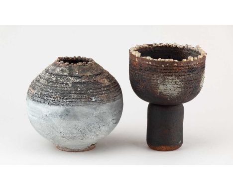 † ROBIN WELCH (1936-2019); a stoneware pedestal cup with toothed rim and incised decoration, impressed mark, height 17cm, and