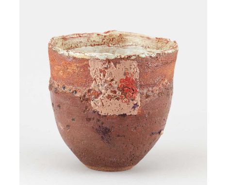 † ROBIN WELCH (1936-2019); a stoneware vessel covered in bands of glaze and enamel decoration, impressed RW mark, height 13cm
