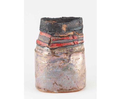 † ROBIN WELCH (1936-2019); an oval stoneware vessel partially covered in lilac lustre and decorated with black, red and grey 