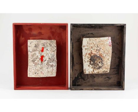 † ROBIN WELCH (1936-2019); a pair of grogged stoneware tiles with red enamel decoration mounted in box frames, painted signat
