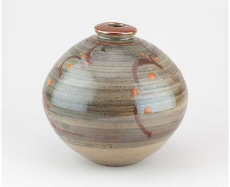 † DAVID LEACH (1911-2005) for Lowerdown Pottery; a globular stoneware jar partially washed in blue/grey glaze with kaki decor