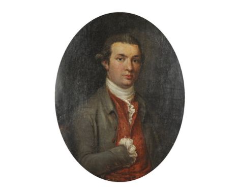 Late 18th Century English School. Portrait of a Gentleman, wearing a Red Waistcoat and Brown Coat with a White Stock, Oil on 
